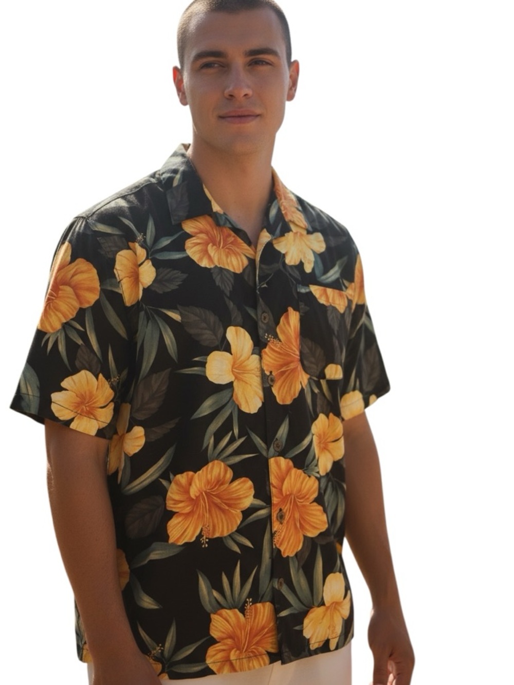 Caribbean Joe XL Rayon Floral Hawaiian Black Yellow Short Sleeve Button-Up Shirt